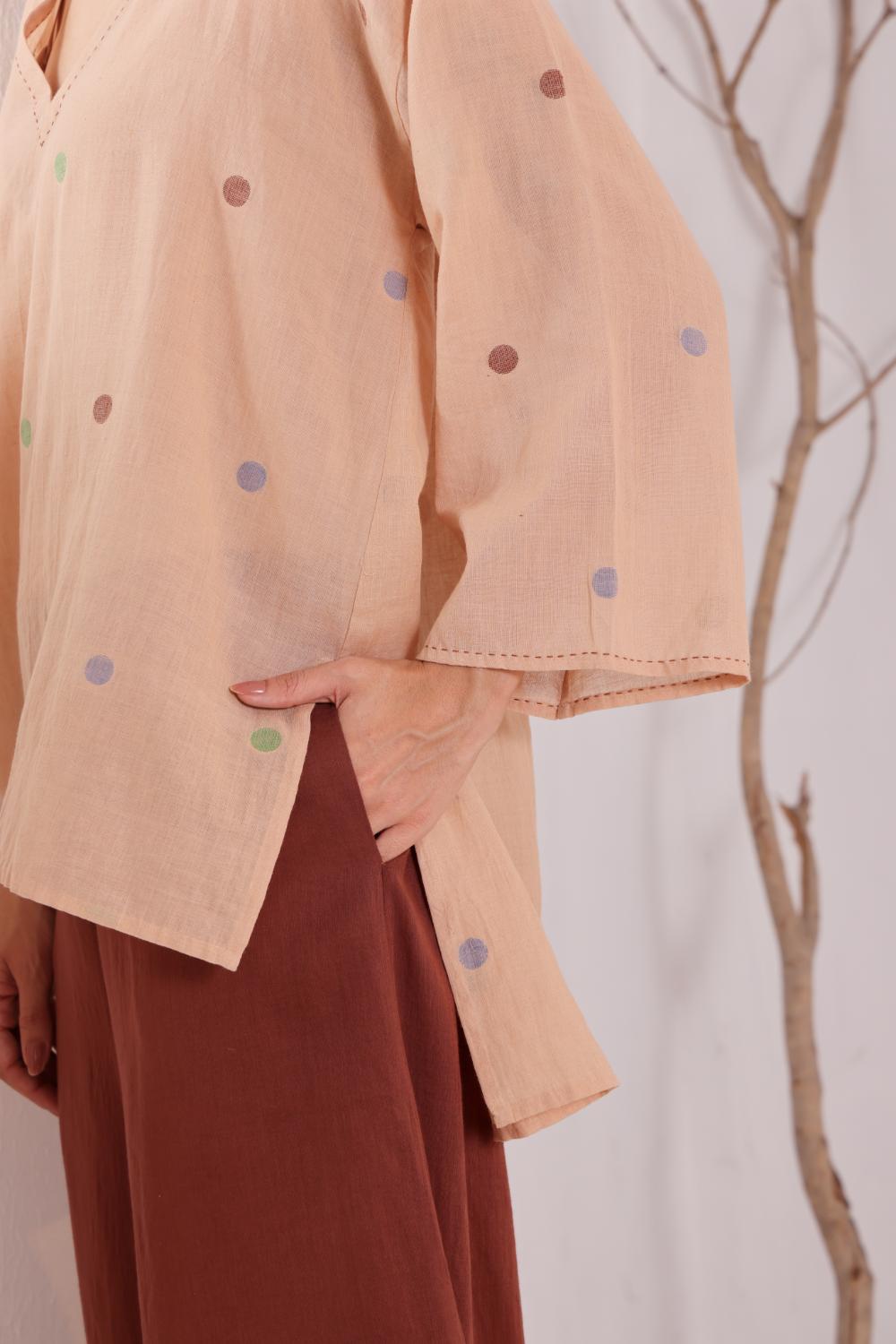 Women's Beige Oversized jamdani Kurta & Brown Palazzo Set
