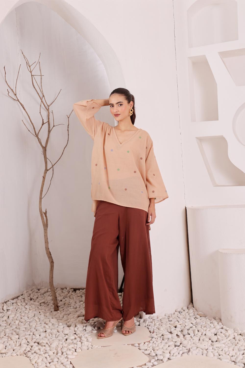 Women's Beige Oversized jamdani Kurta & Brown Palazzo Set