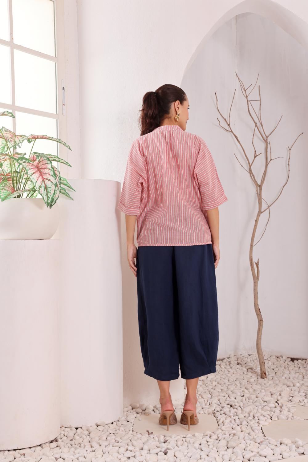 Pink Striped Cotton Wrap Top for Women