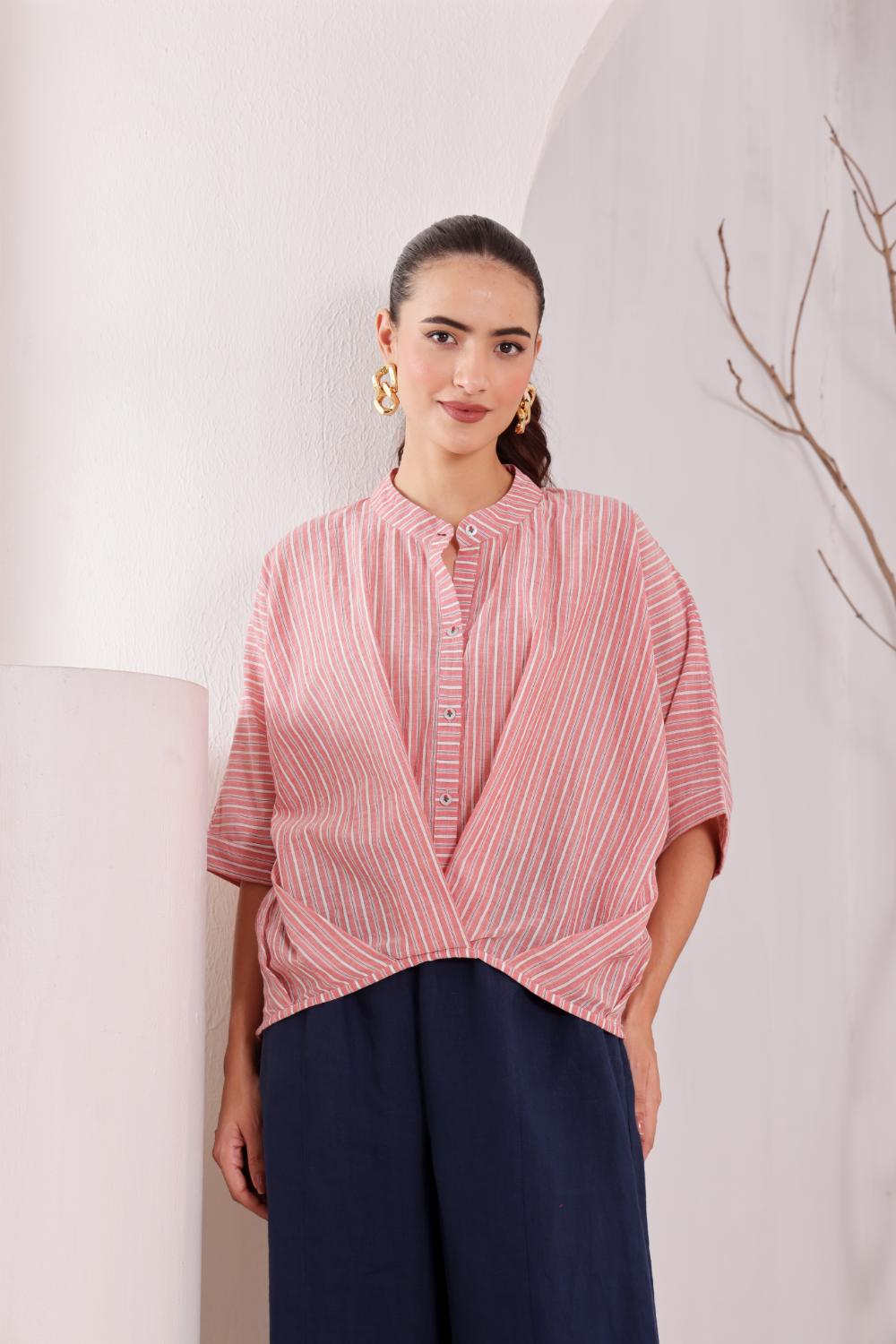 Pink Striped Cotton Wrap Top for Women