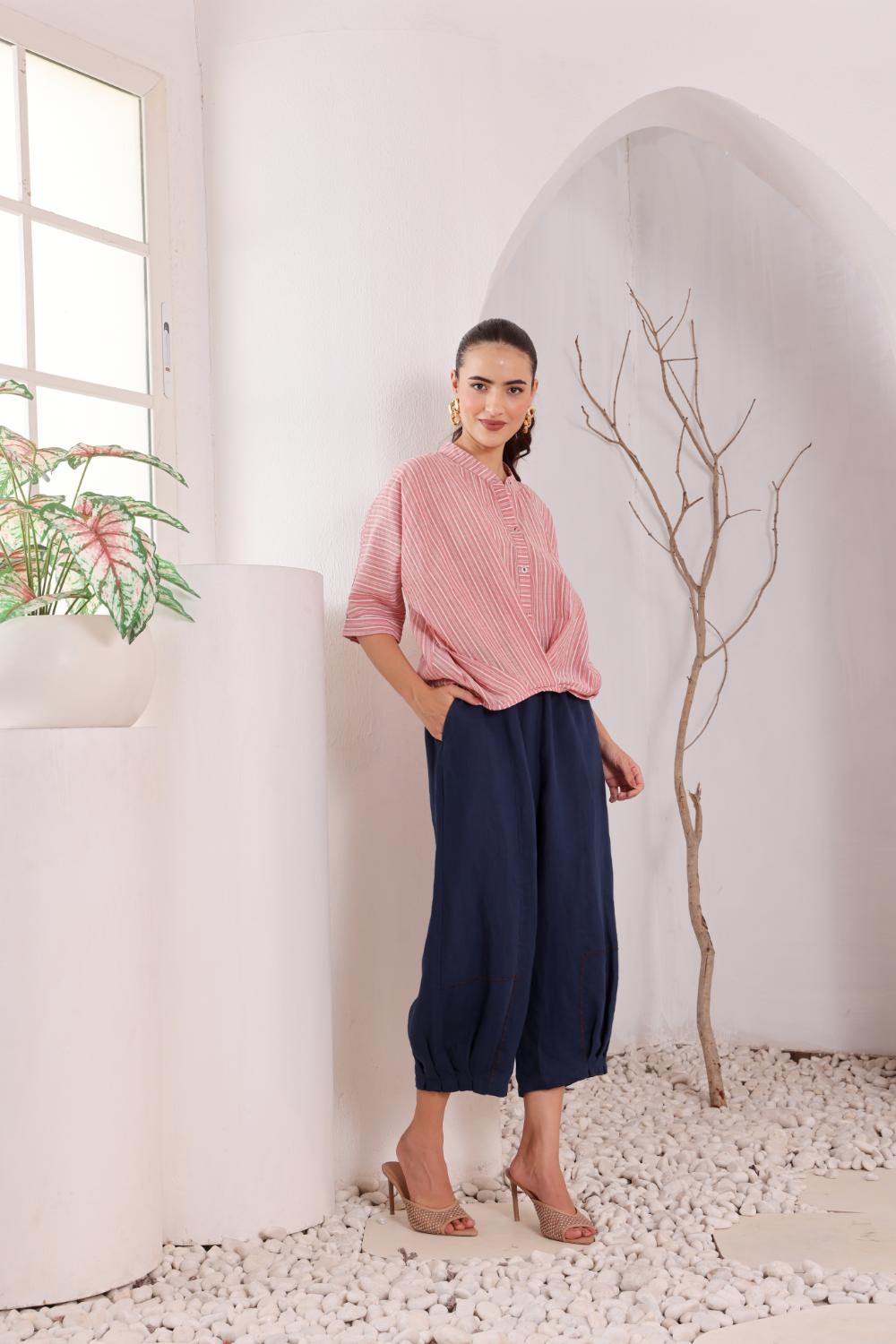 Pink Striped Cotton Wrap Top for Women