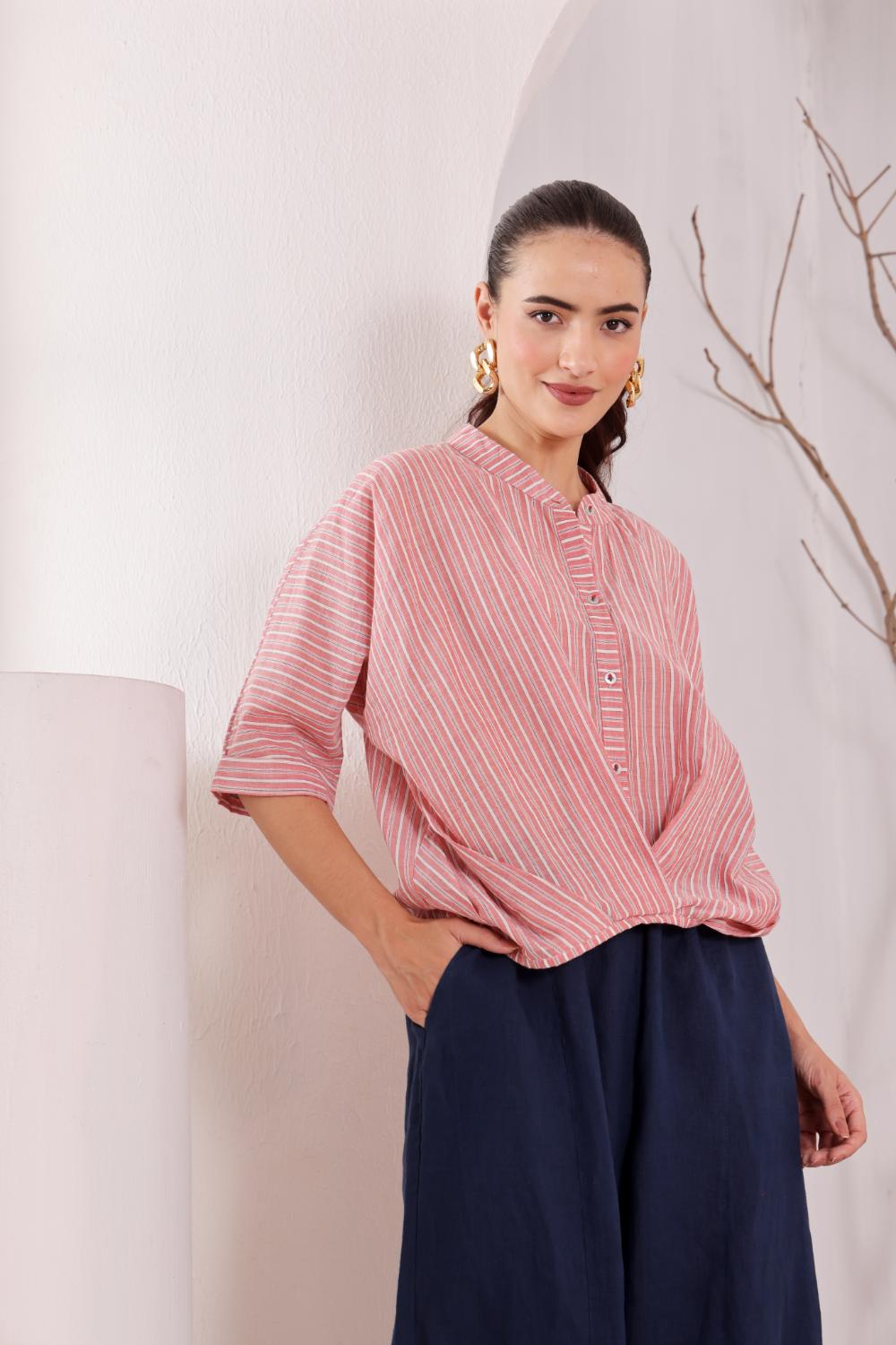 Pink Striped Cotton Wrap Top for Women