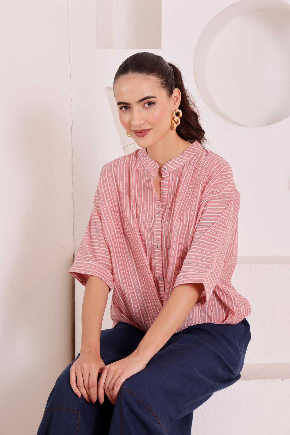 Pink Striped Cotton Wrap Top for Women
