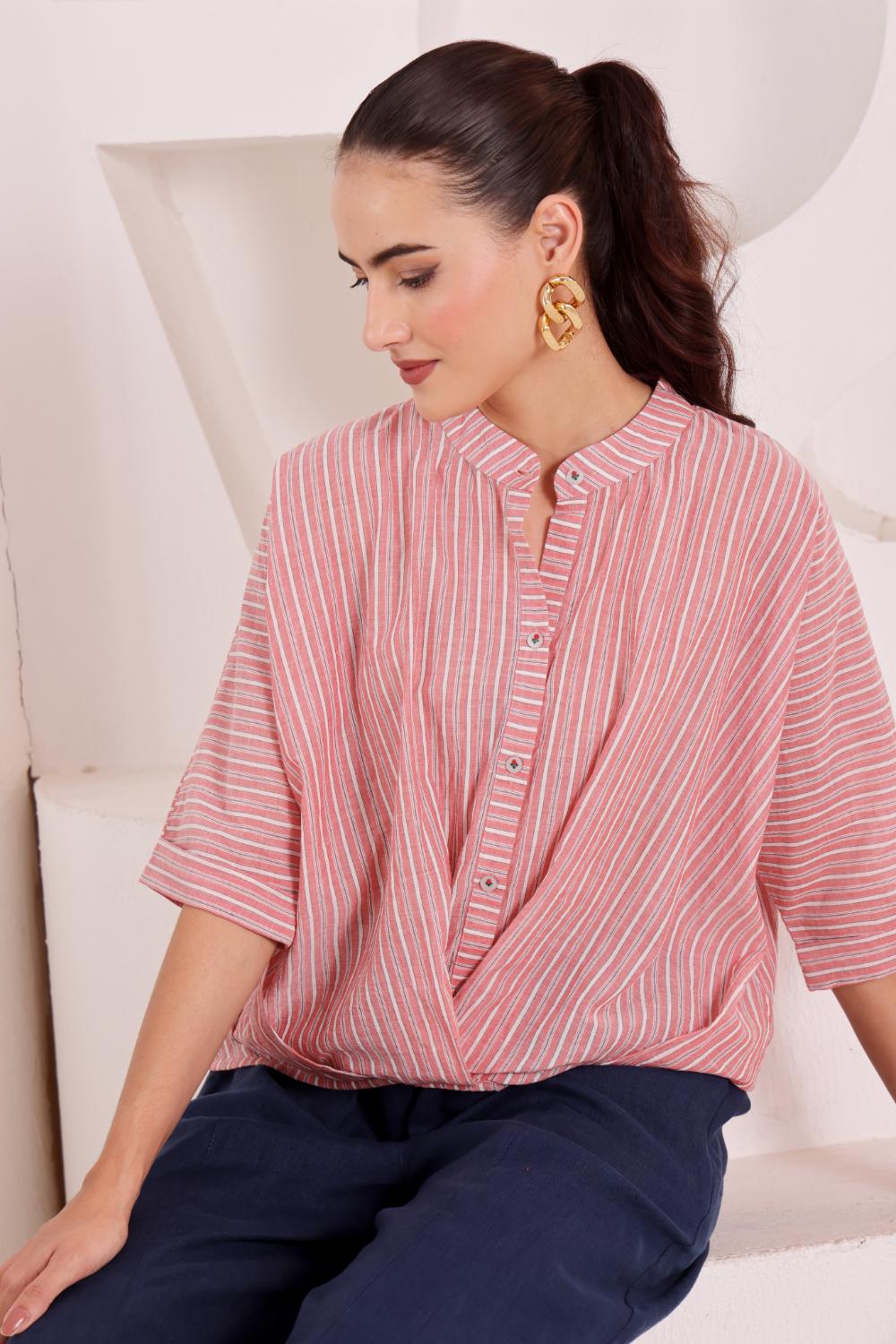 Pink Striped Cotton Wrap Top for Women