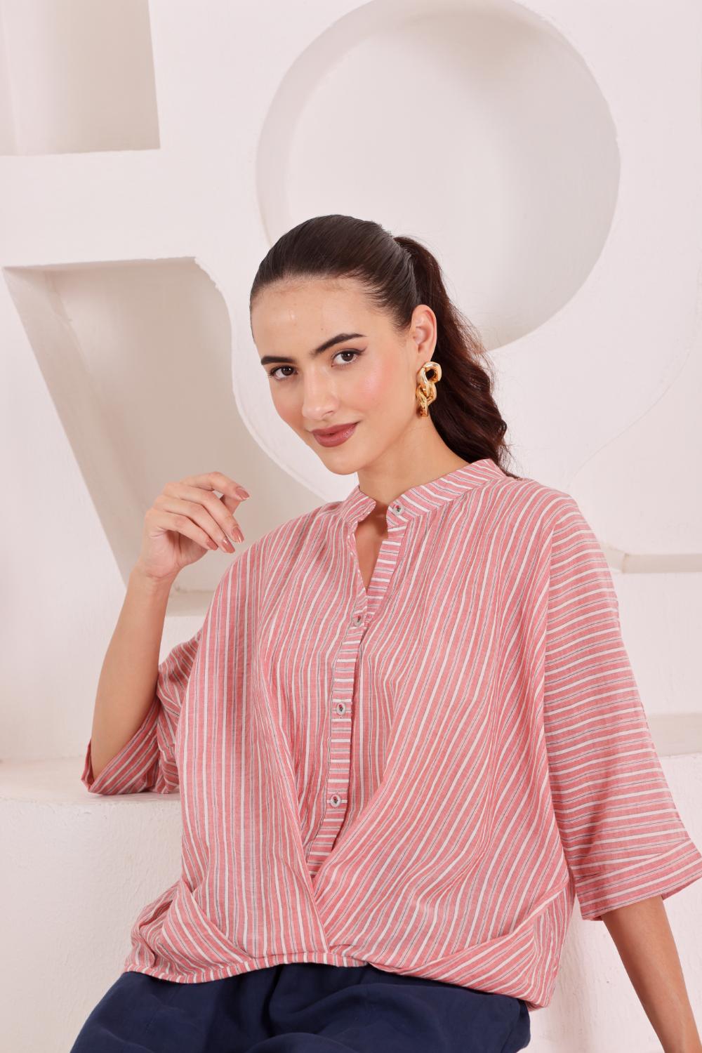 Pink Striped Cotton Wrap Top for Women
