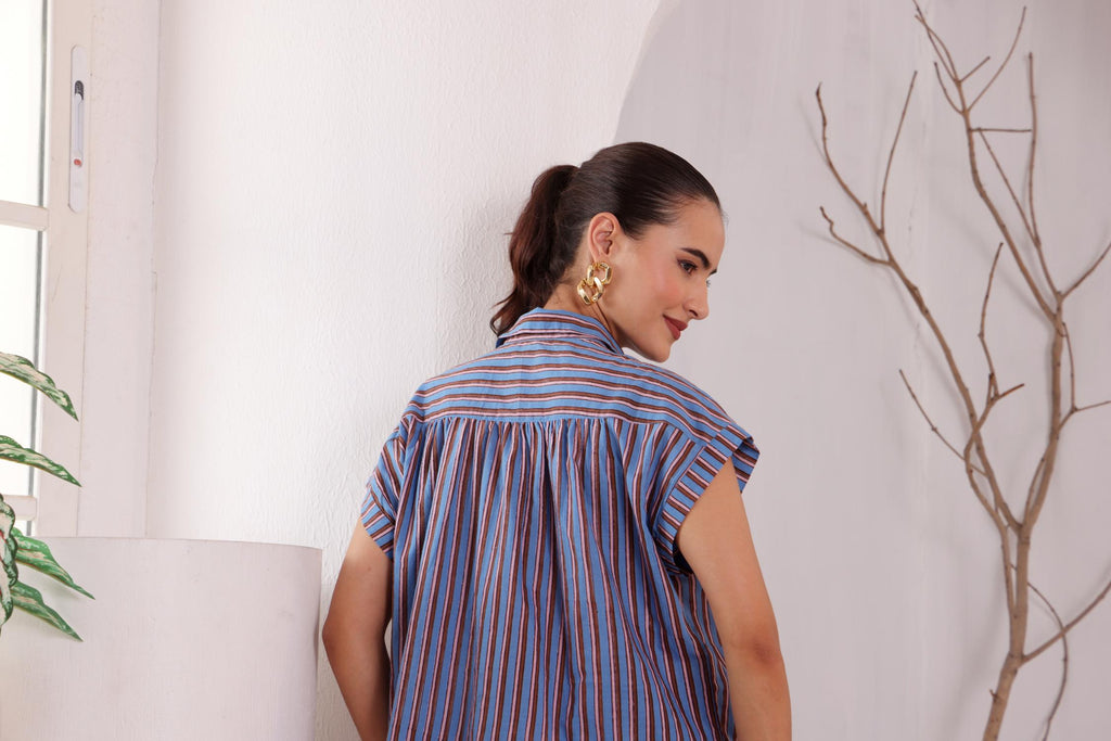 Women's Blue handblocked Striped Cotton jamdani Tunic