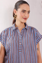 Women's Blue handblocked Striped Cotton jamdani Tunic