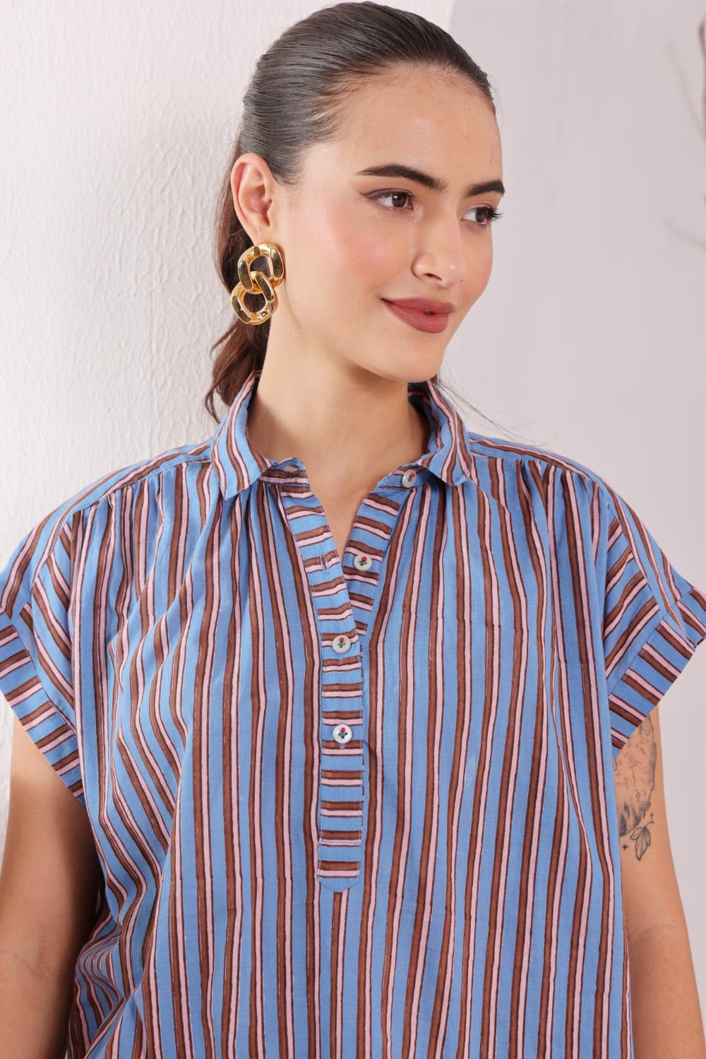 Women's Blue handblocked Striped Cotton jamdani Tunic