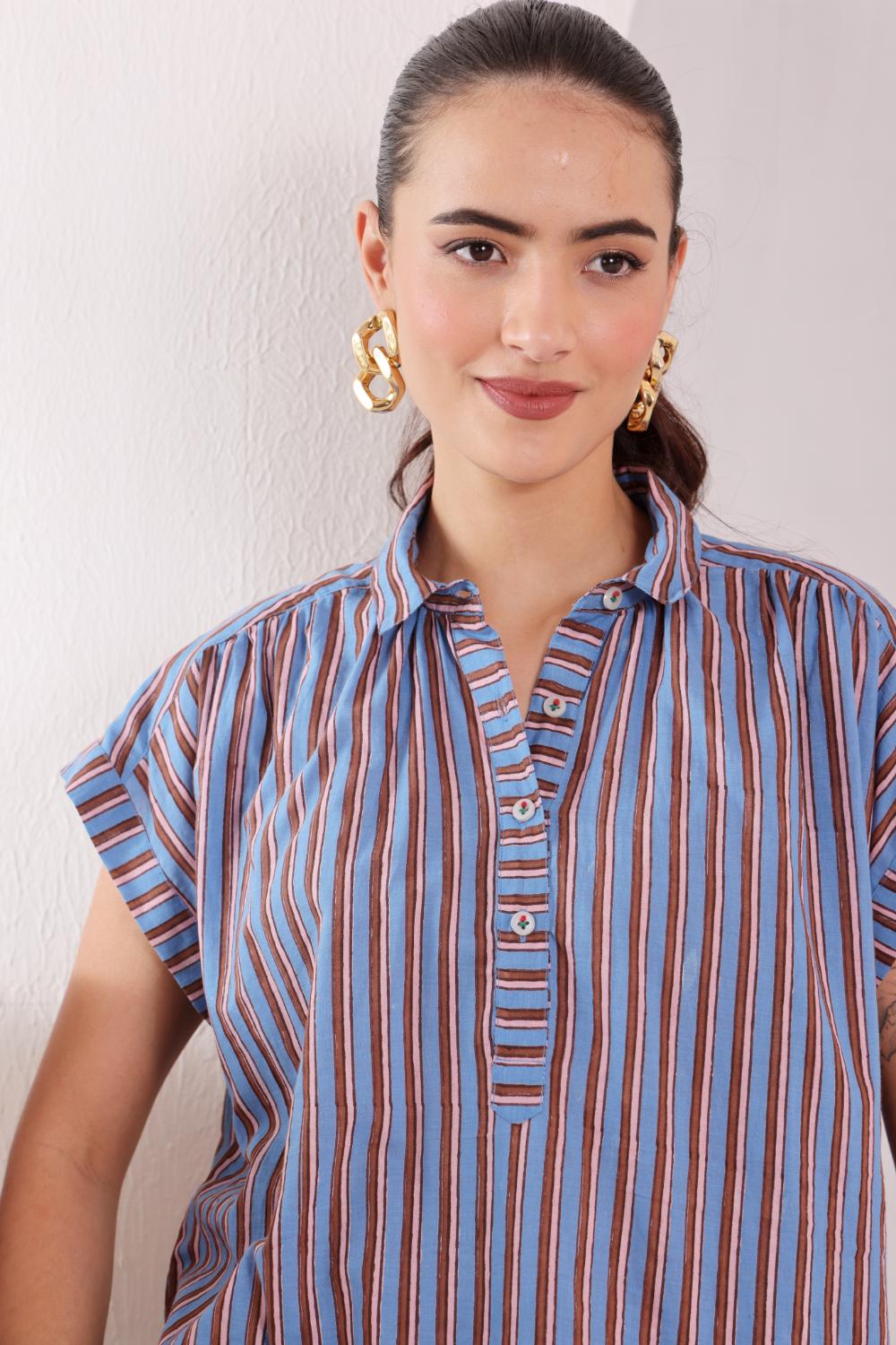 Women's Blue handblocked Striped Cotton jamdani Tunic