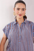 Women's Blue handblocked Striped Cotton jamdani Tunic