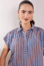 Women's Blue handblocked Striped Cotton jamdani Tunic