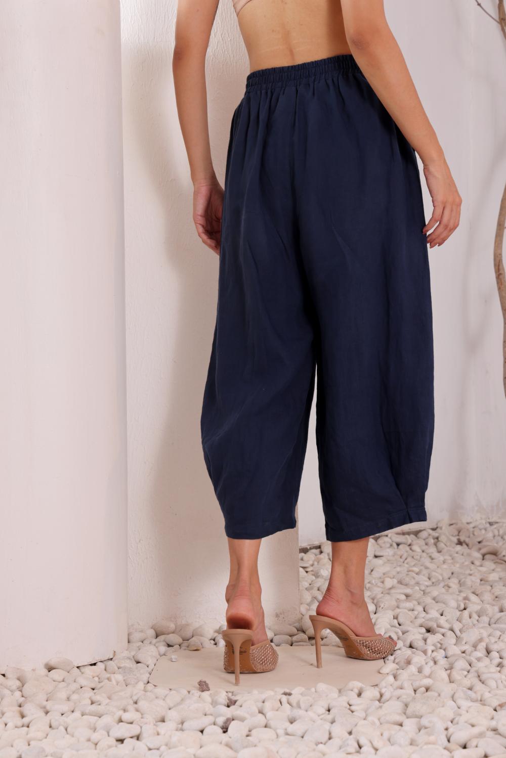 Women's Navy Blue Linen Harem Pants