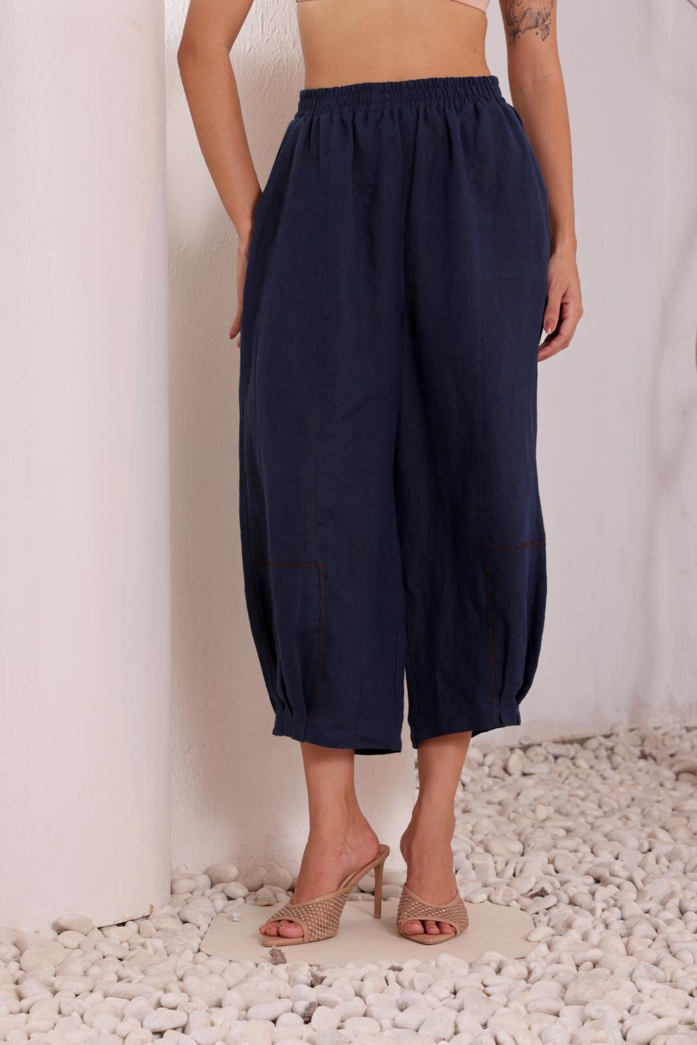 Women's Navy Blue Linen Harem Pants