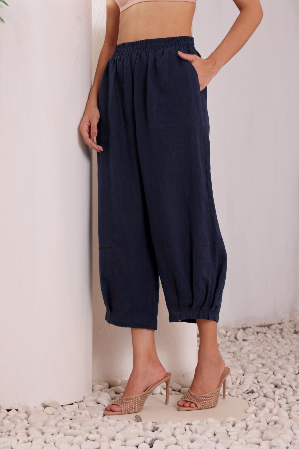 Women's Navy Blue Linen Harem Pants
