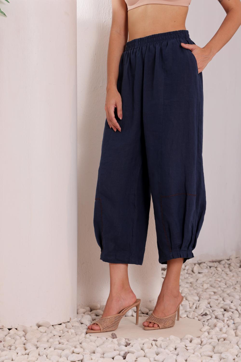 Women's Navy Blue Linen Harem Pants