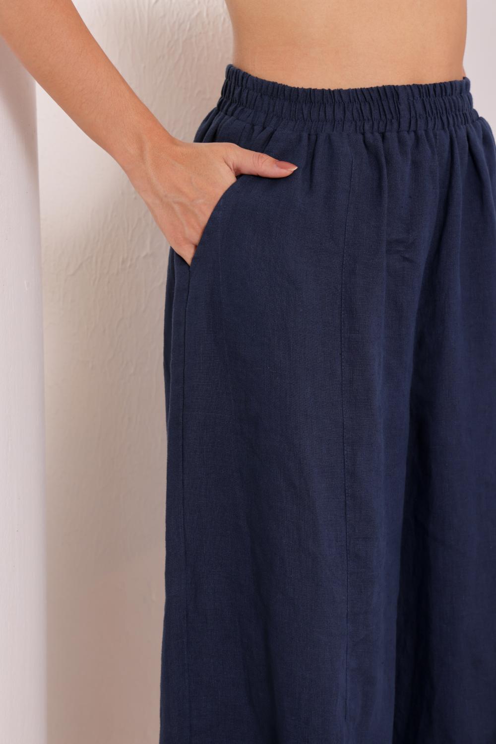 Women's Navy Blue Linen Harem Pants
