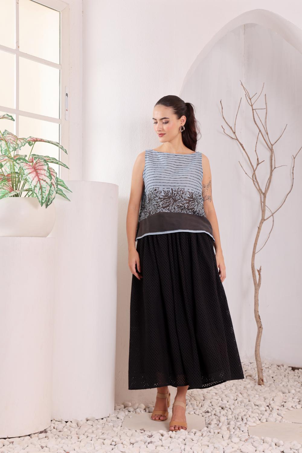 Sky Blue Printed Sleeveless Cotton Top for Women