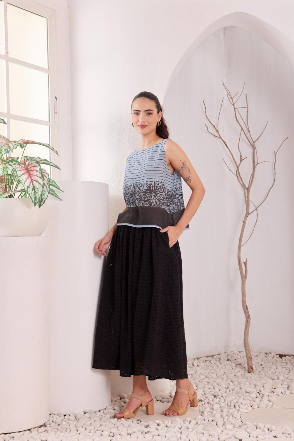 Sky Blue Printed Sleeveless Cotton Top for Women