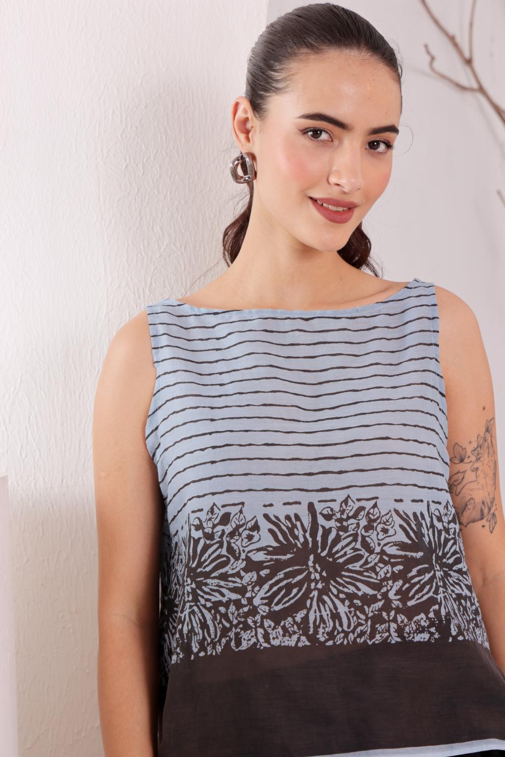 Sky Blue Printed Sleeveless Cotton Top for Women