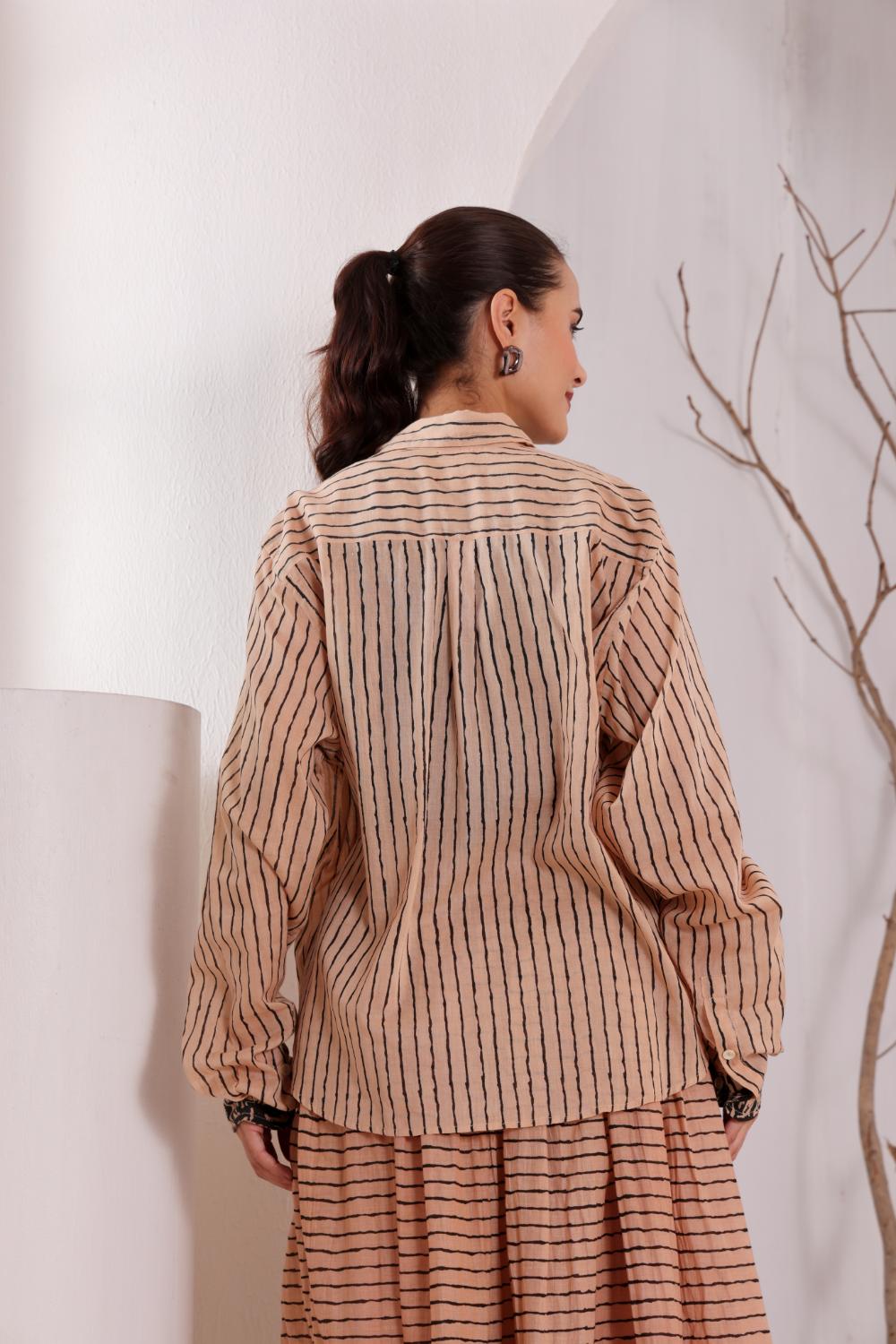 Women's Beige Floral Printed Cotton mulmul Shirt