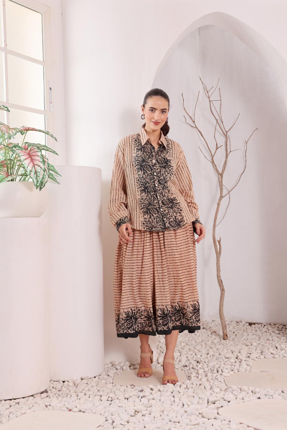 Women's Beige Floral Printed Cotton mulmul Shirt