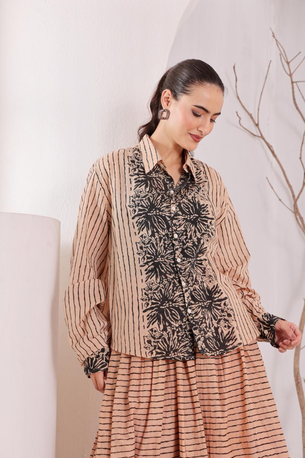 Women's Beige Floral Printed Cotton mulmul Shirt