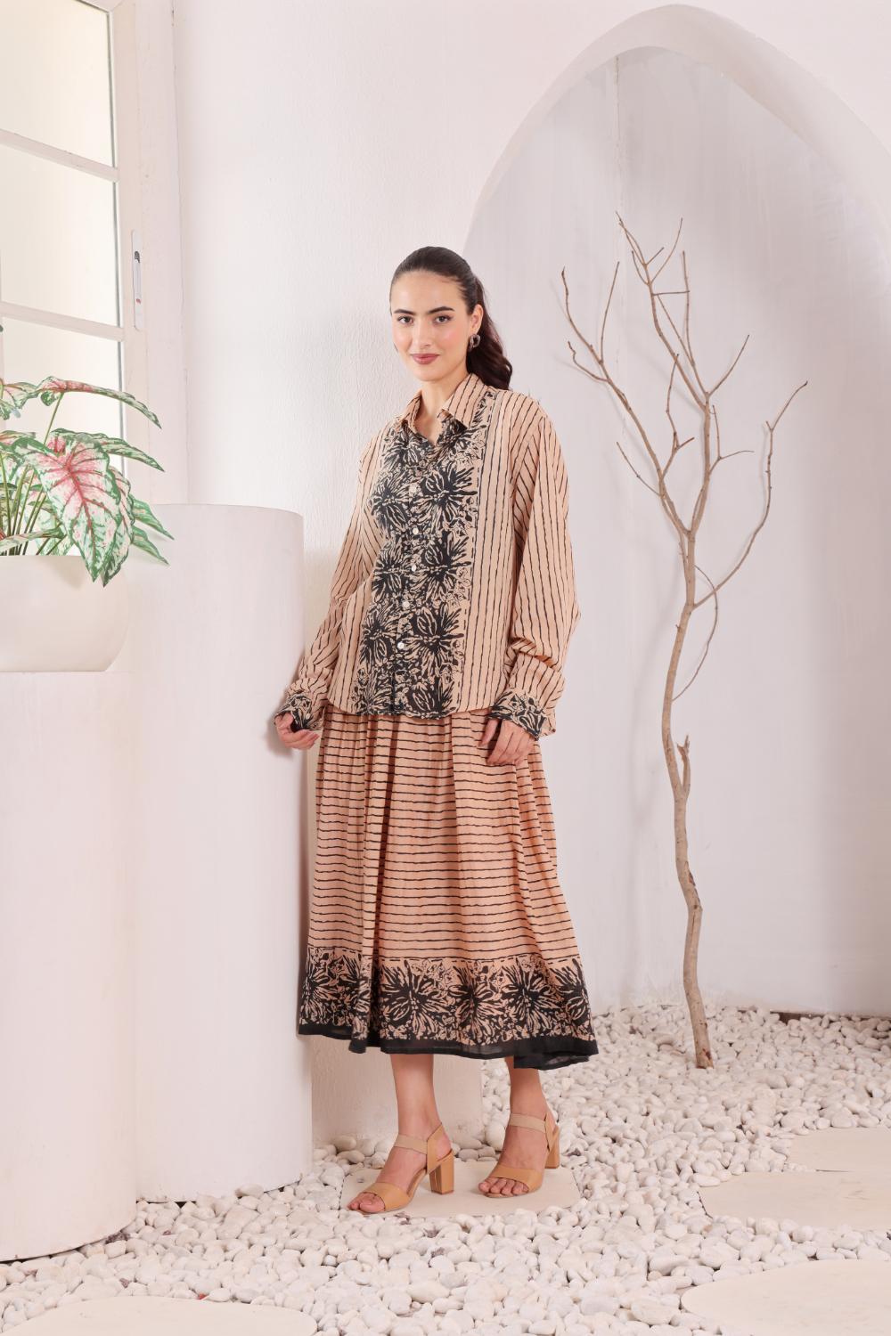 Women's Beige Floral Printed Cotton mulmul Shirt