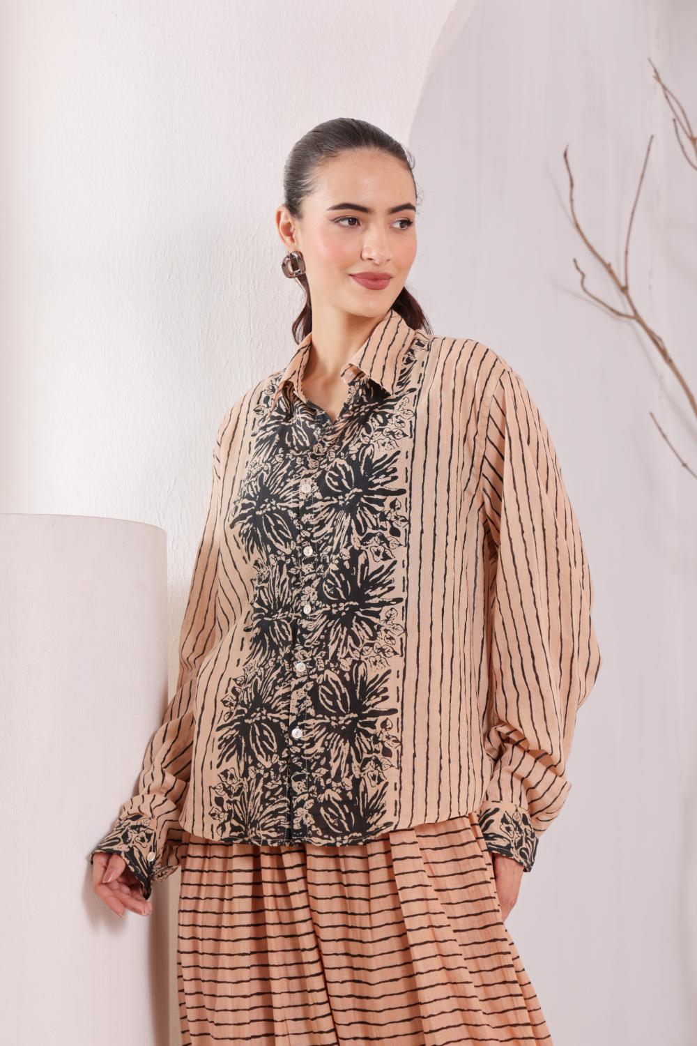 Women's Beige Floral Printed Cotton mulmul Shirt