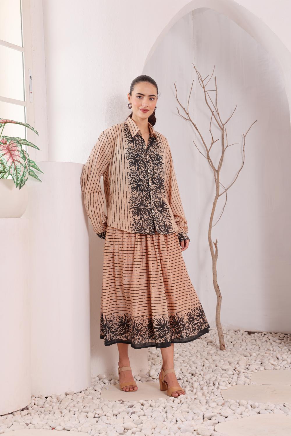Women's Beige Floral Printed Cotton mulmul Shirt