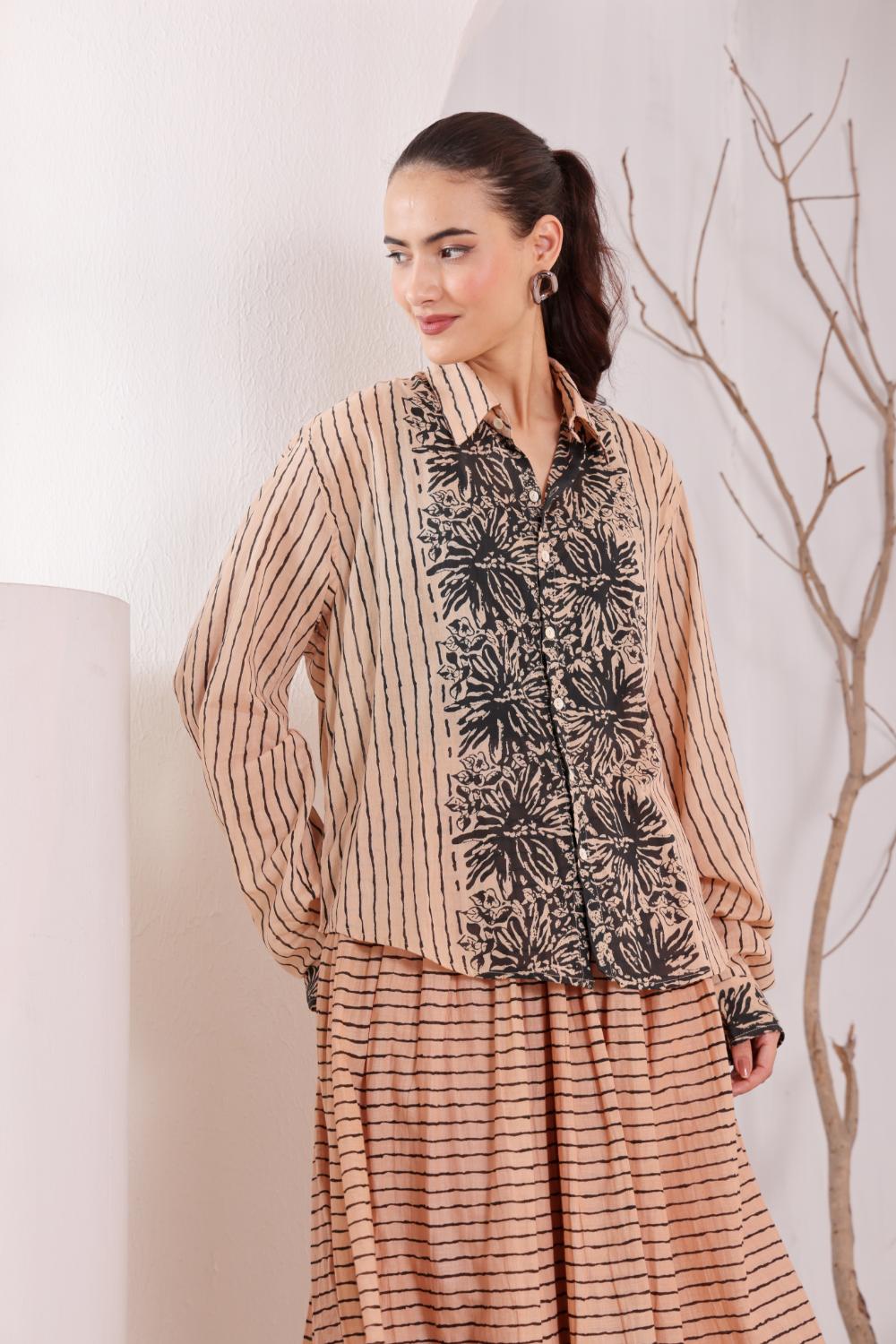 Women's Beige Floral Printed Cotton mulmul Shirt