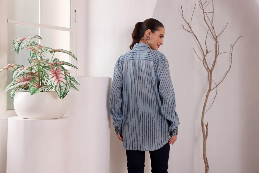 Women's Blue Floral Printed Cotton mulmul Shirt