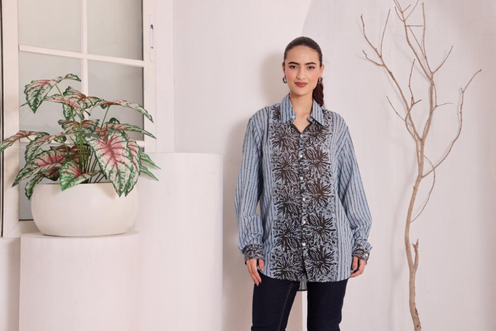 Women's Blue Floral Printed Cotton mulmul Shirt