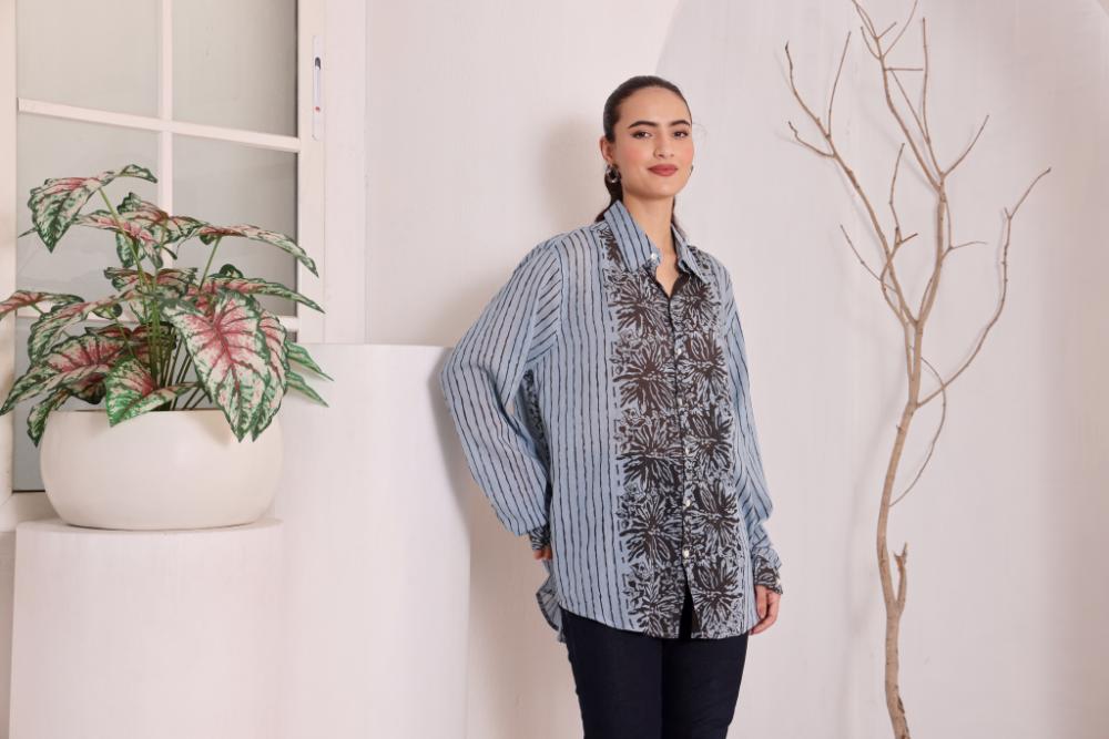 Women's Blue Floral Printed Cotton mulmul Shirt