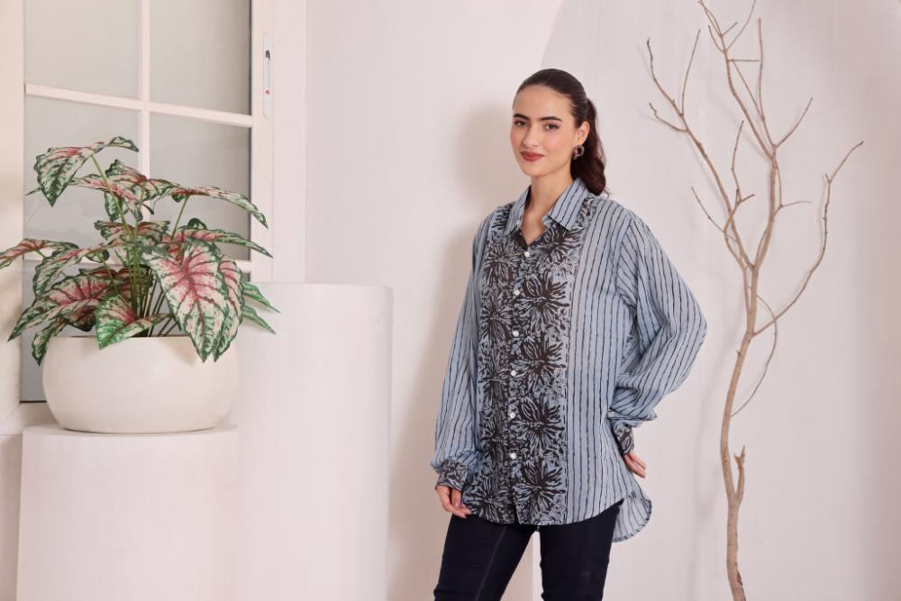 Women's Blue Floral Printed Cotton mulmul Shirt