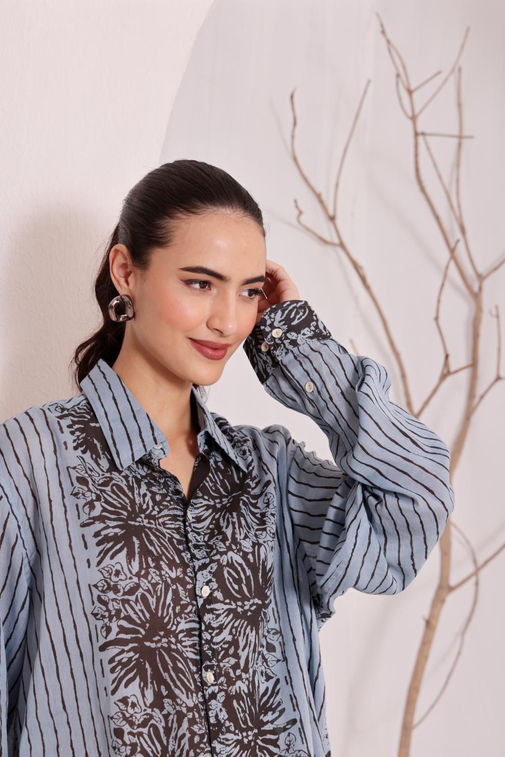 Women's Blue Floral Printed Cotton mulmul Shirt