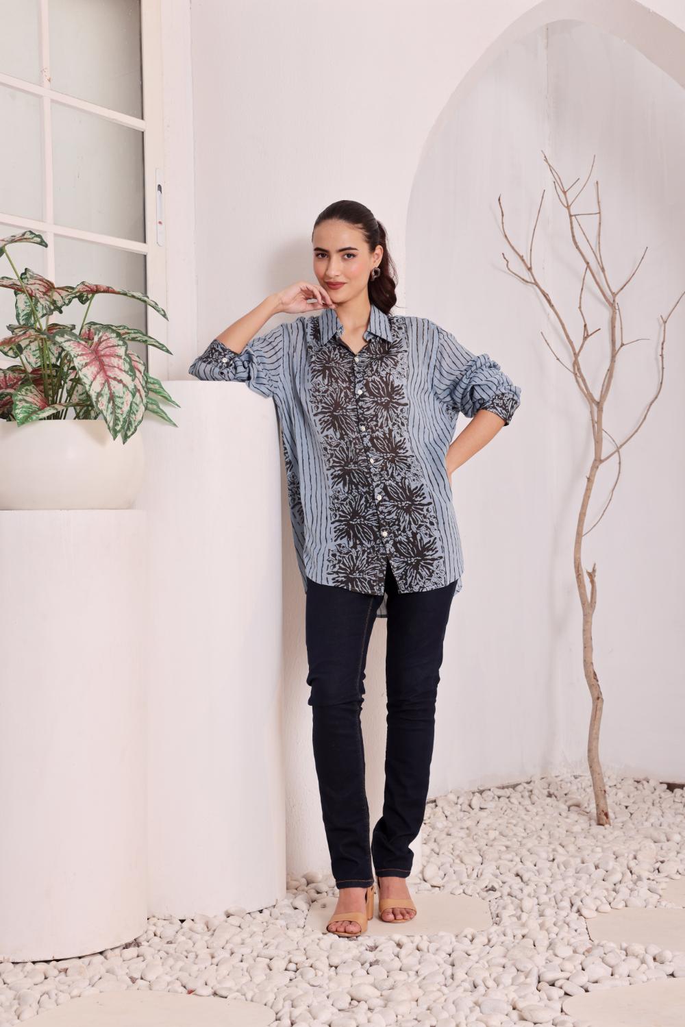 Women's Blue Floral Printed Cotton mulmul Shirt
