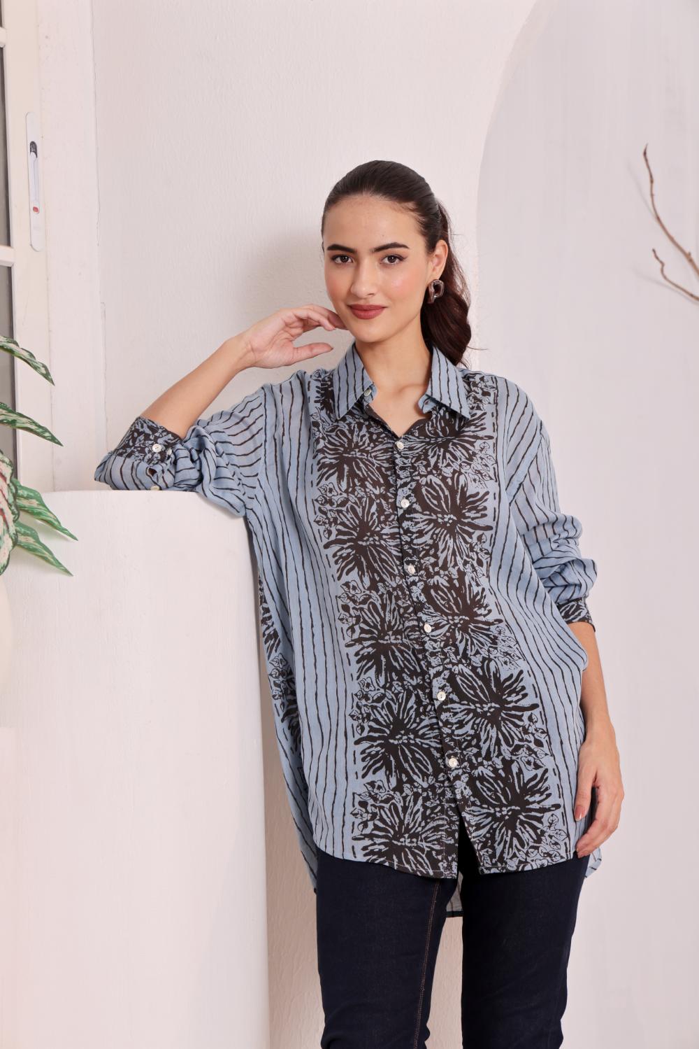 Women's Blue Floral Printed Cotton mulmul Shirt