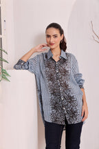 Women's Blue Floral Printed Cotton mulmul Shirt