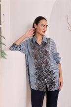Women's Blue Floral Printed Cotton mulmul Shirt