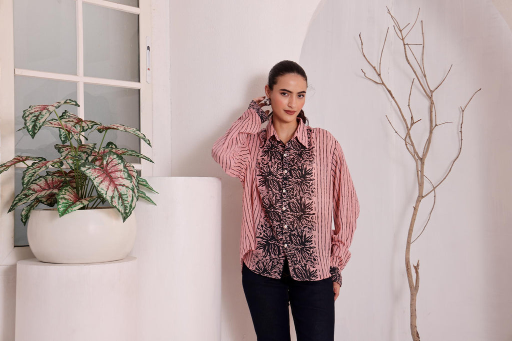 Women's Pink Floral Printed Cotton mulmul Shirt
