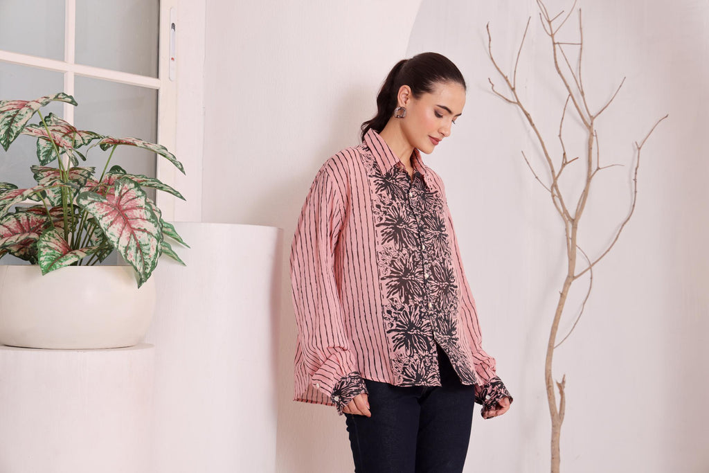 Women's Pink Floral Printed Cotton mulmul Shirt