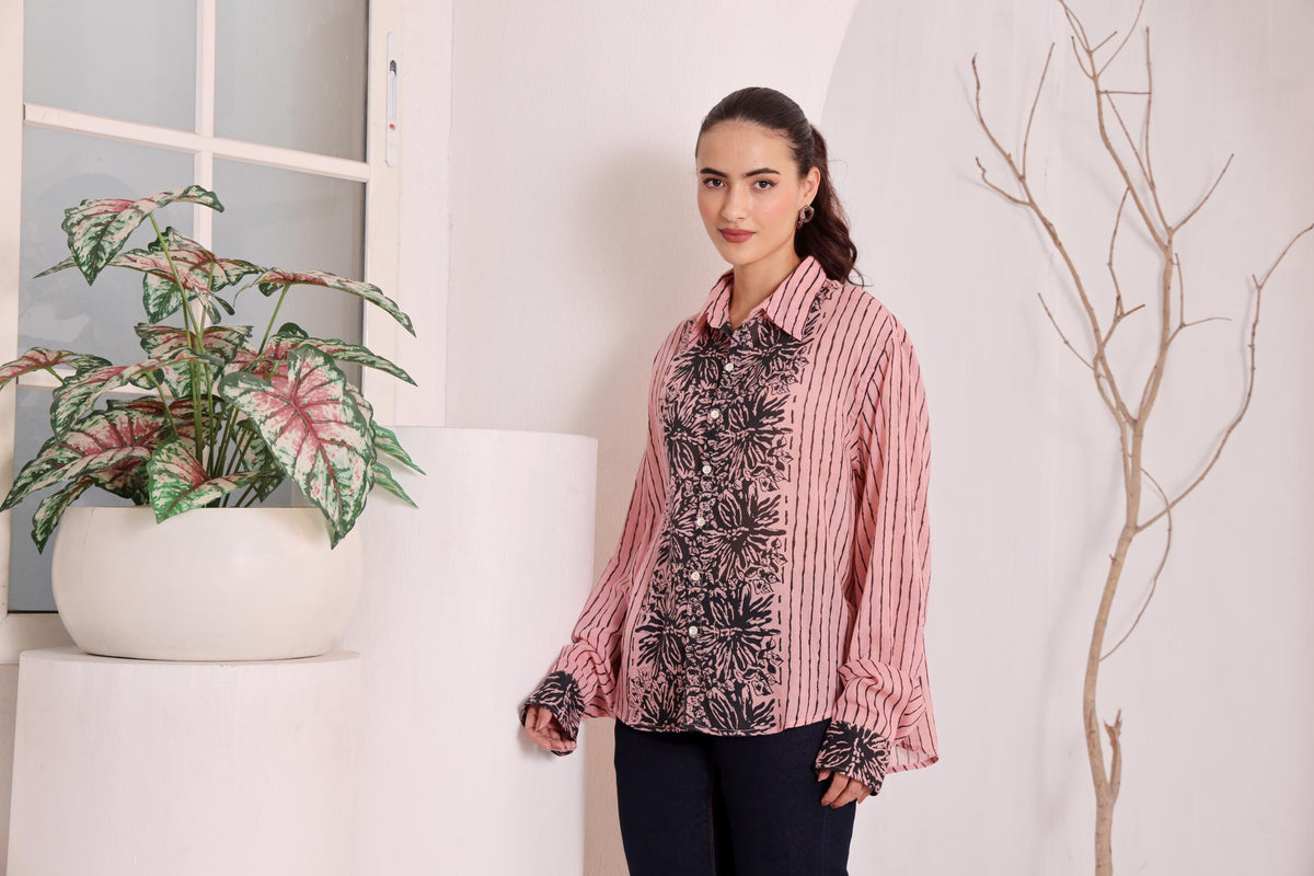 Women's Pink Floral Printed Cotton mulmul Shirt