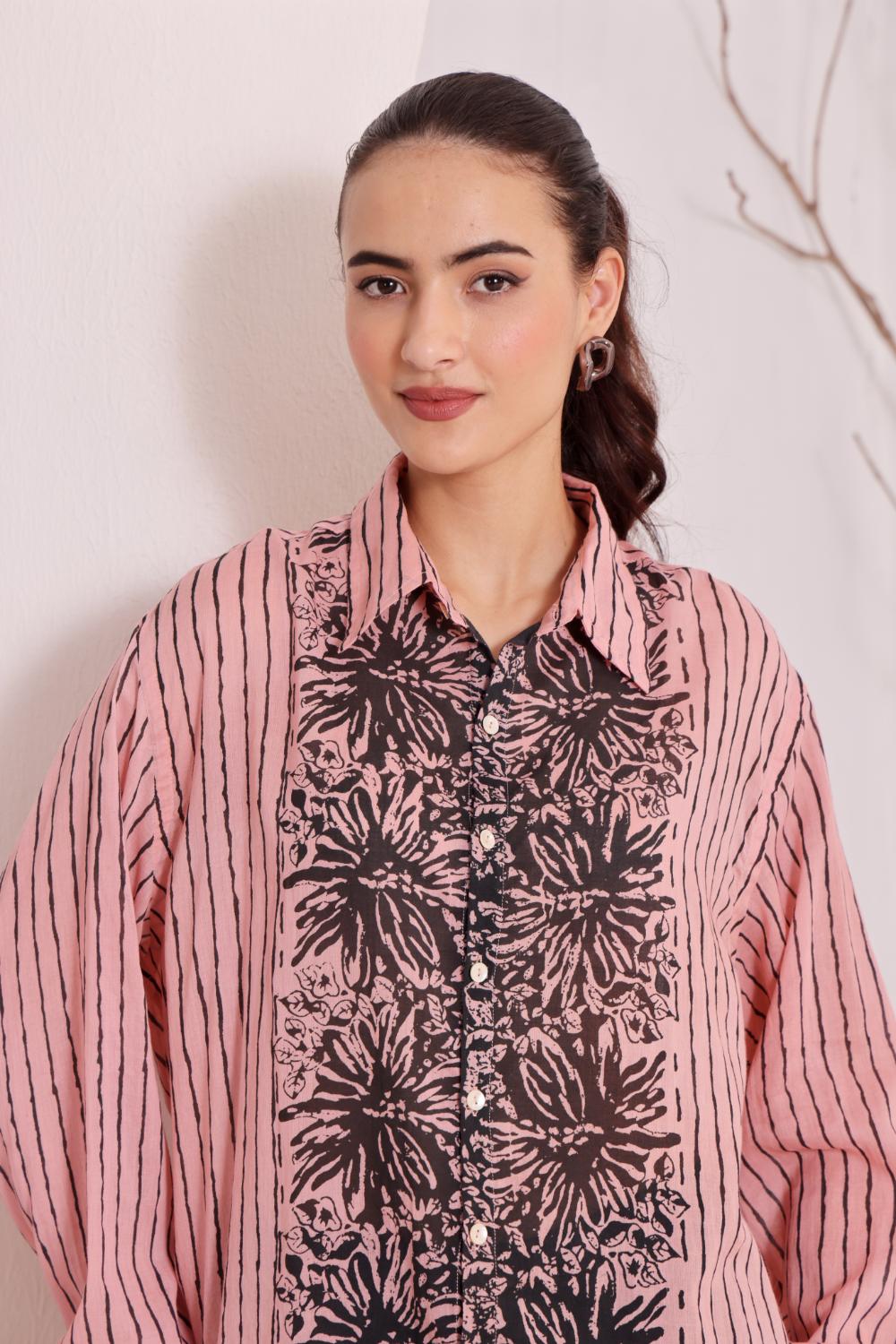 Women's Pink Floral Printed Cotton mulmul Shirt