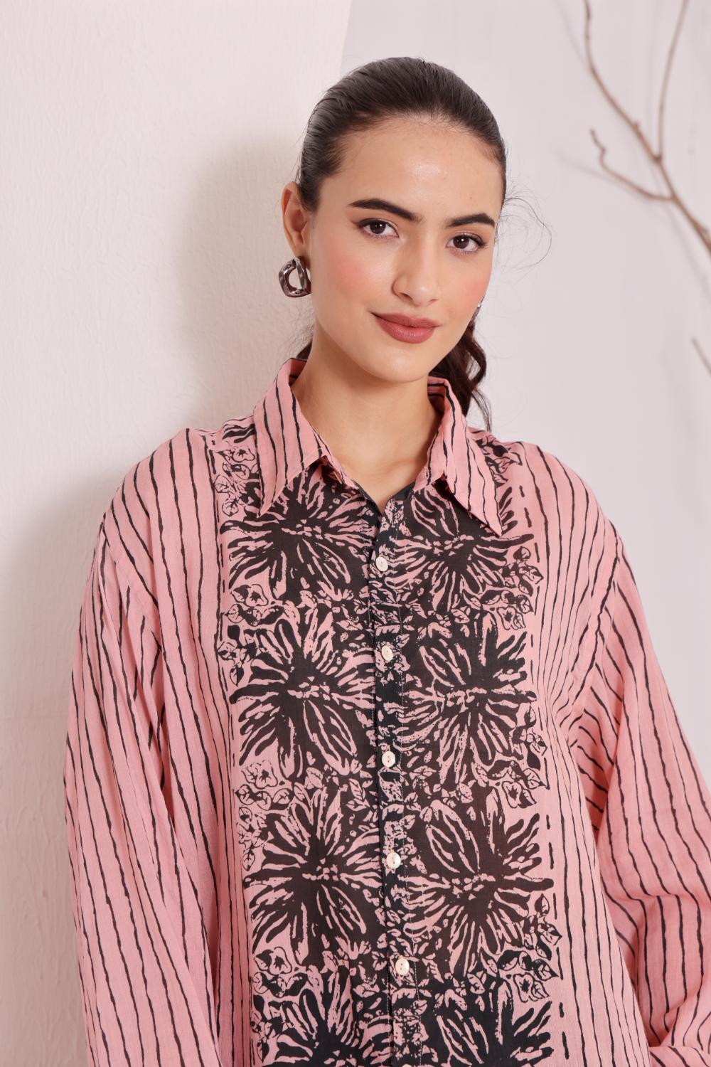 Women's Pink Floral Printed Cotton mulmul Shirt