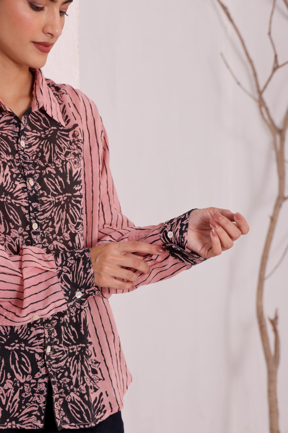 Women's Pink Floral Printed Cotton mulmul Shirt