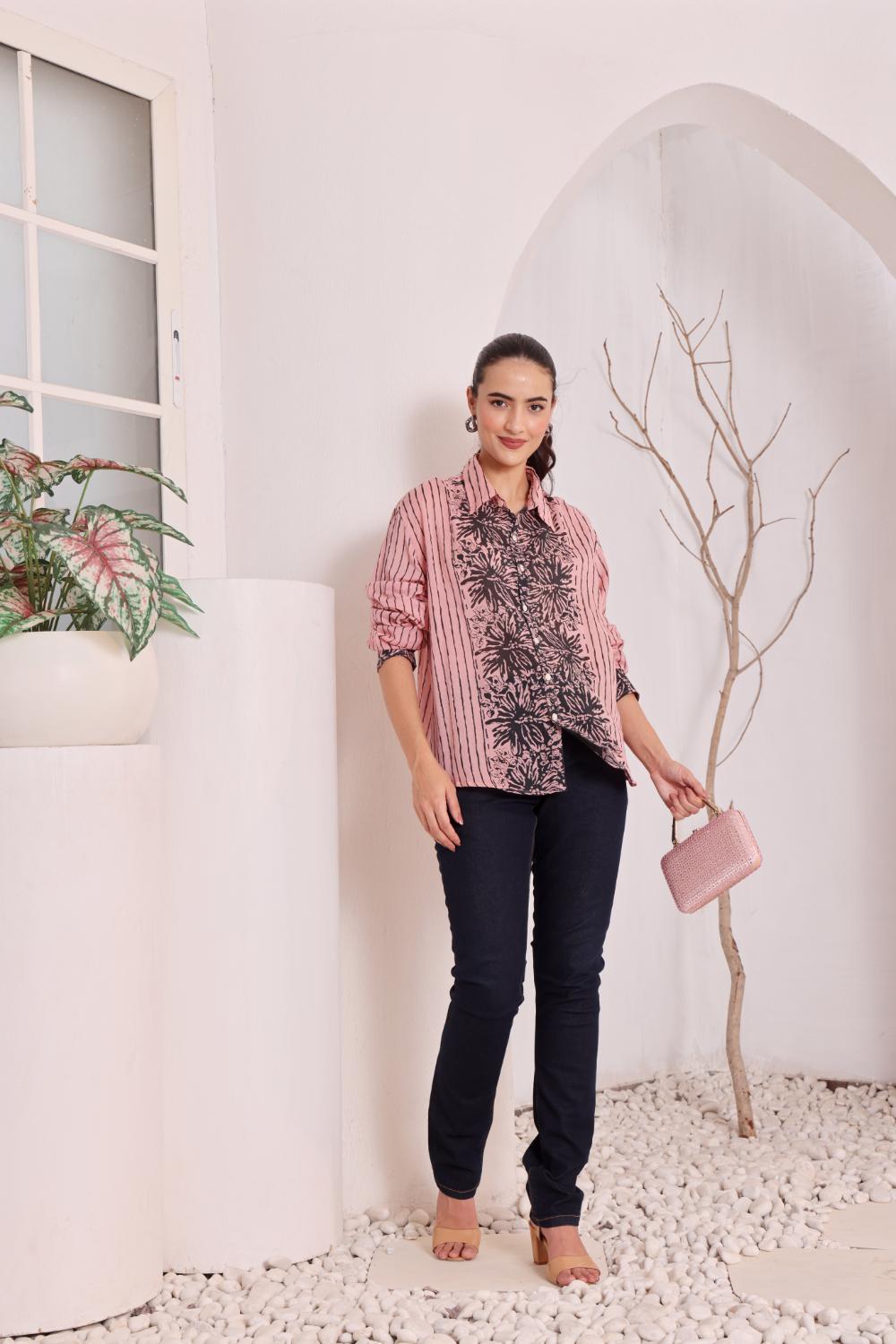 Women's Pink Floral Printed Cotton mulmul Shirt