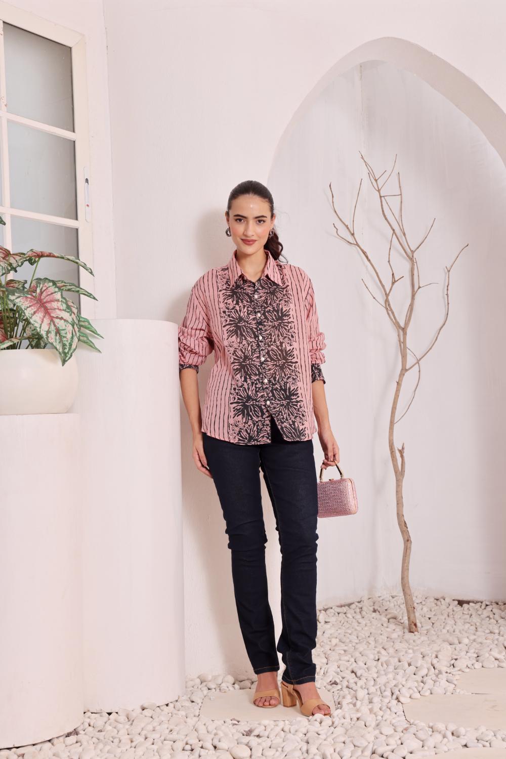 Women's Pink Floral Printed Cotton mulmul Shirt