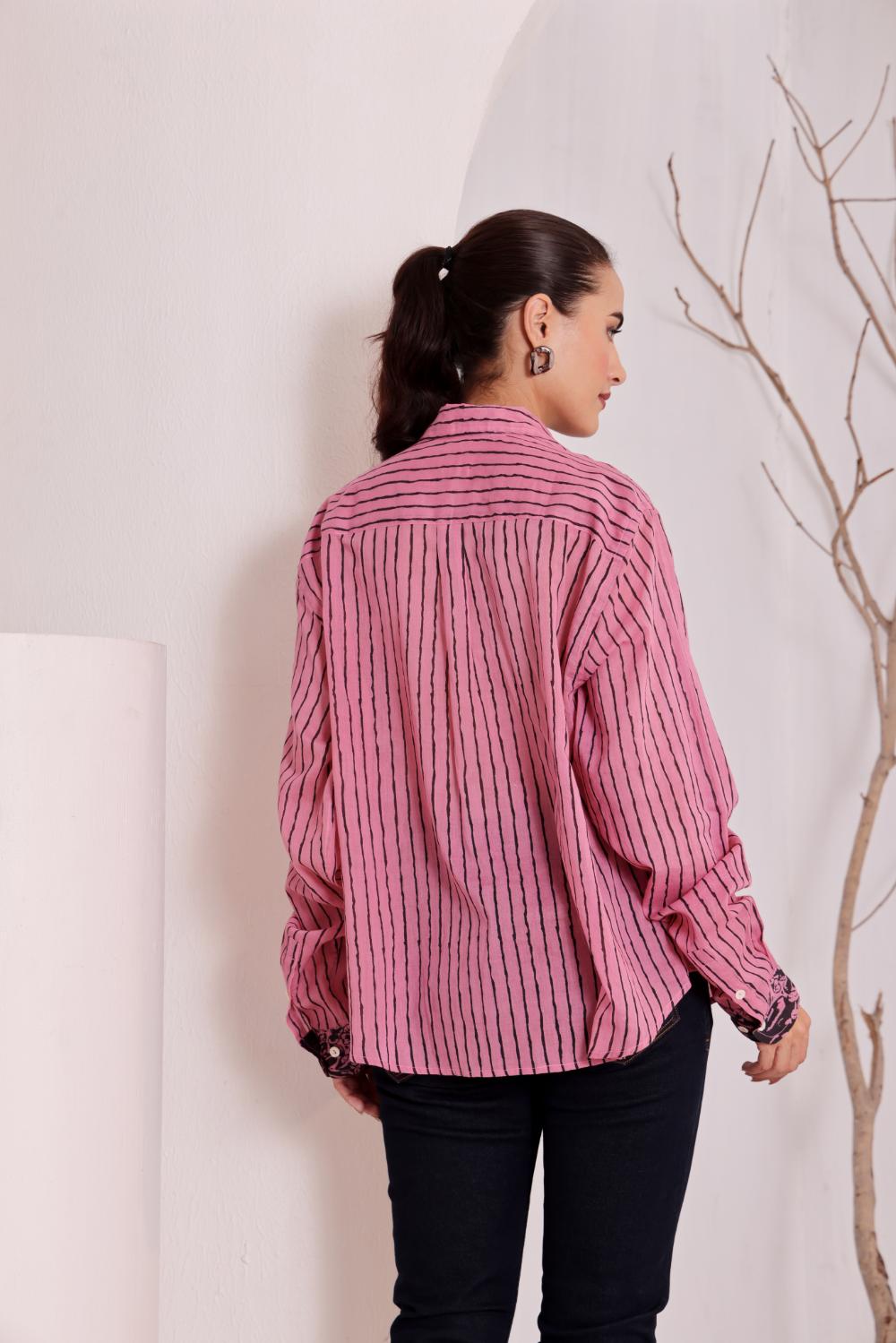 Pink Floral Block Print Cotton Shirt