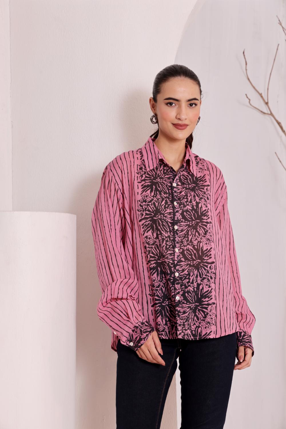 Pink Floral Block Print Cotton Shirt