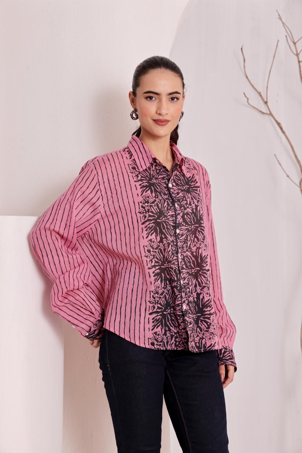 Pink Floral Block Print Cotton Shirt